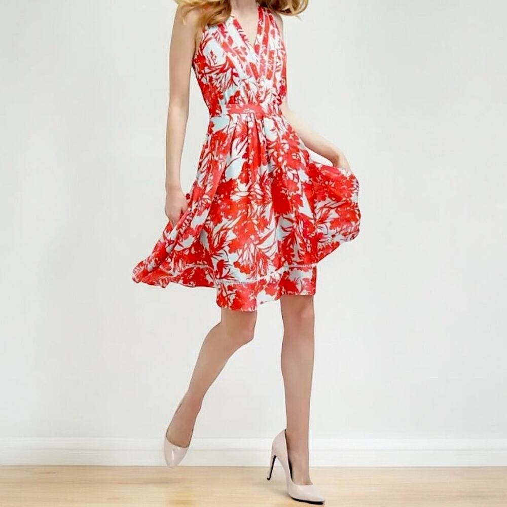 Banana Republic Floral Pleated Dress in Candy Apple Red & Aqua Teal Size 0